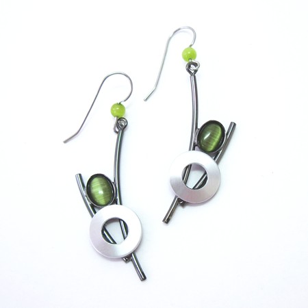 Green Catsite Crono Design Curved Earrings - Click Image to Close